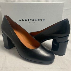Clergerie Black Leather Chunky Round Toe Heels Sz 11 EURO 41.5 fits like 10 1/2